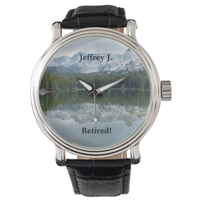 Retired, Lake Mountains, Name. Black Leather Strap Watch (Front)