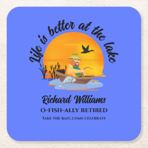 Retired Life Is Better At the Lake Fishing Cartoon Square Paper Coaster