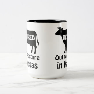 Retired Out to Pasture Kansas Funny Cow Retirement Two-Tone Coffee Mug