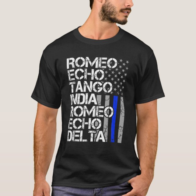 Retired Police Officer Phonetic Code Thin Blue Lin T-Shirt (Front)