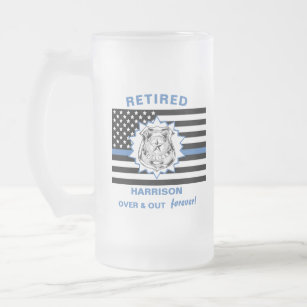 Retired Police Thin Blue Line Over And Out Funny Frosted Glass Beer Mug