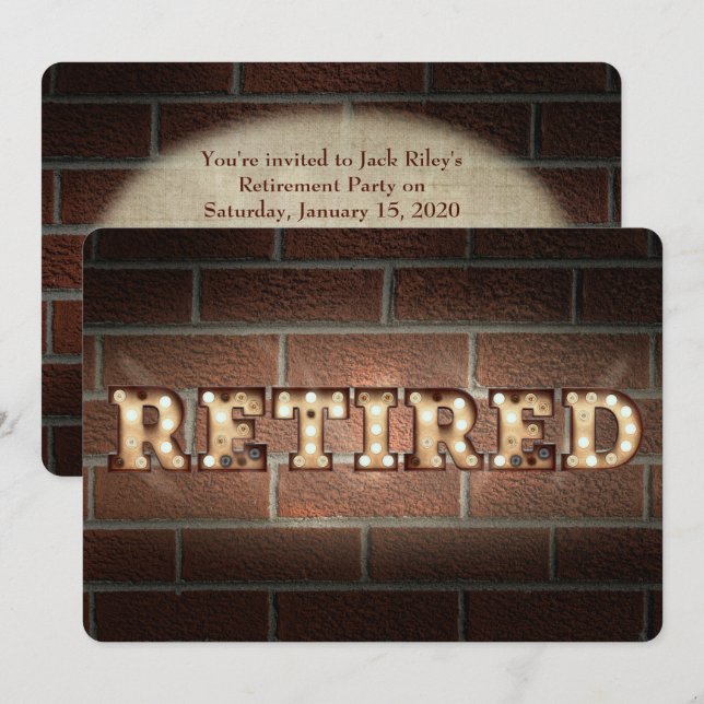Retired sign in marquee lights on brick invitation (Front/Back)