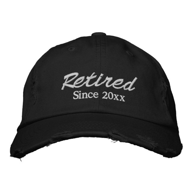 Retired since date white black custom script text embroidered hat (Front)