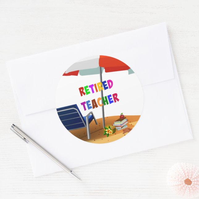Retired Teacher, Beach Scene, Classic Round Sticker (Envelope)