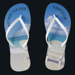 Retired Teacher Beach With Chairs In Sand Flip Flops<br><div class="desc">The perfect gift for retiring teacher!  Just in time to wear flip flops to the beach everyday.  There's a calm beach scene with the ocean and two chairs in the sand. They have "Retired teacher" on them.  On the right flip flop personalize with your name.</div>