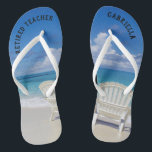 Retired Teacher Beach With Chairs In Sand Flip Flops<br><div class="desc">The perfect gift for retiring teacher!  Just in time to wear flip flops to the beach everyday.  There's a calm beach scene with the ocean and two chairs in the sand. They have "Retired teacher" on them.  On the right flip flop personalize with your name.</div>