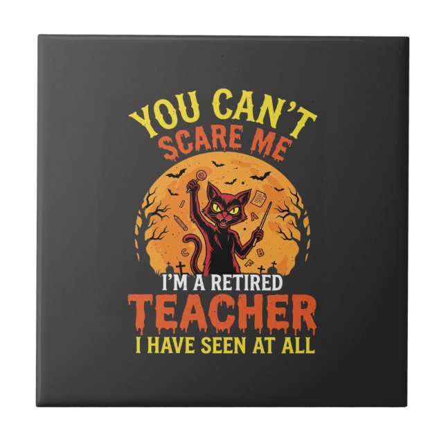 Retired Teacher Halloween Pumpkin Cat Design_1 Tile (Front)