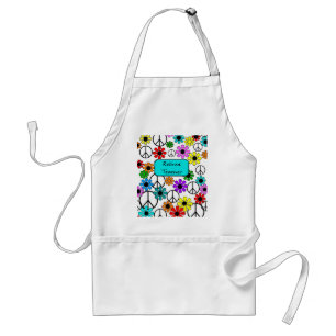 Retired Teacher Retro Flowers Apron and Peace Sign