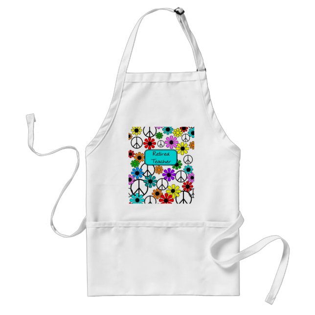 Retired Teacher Retro Flowers Apron and Peace Sign (Front)