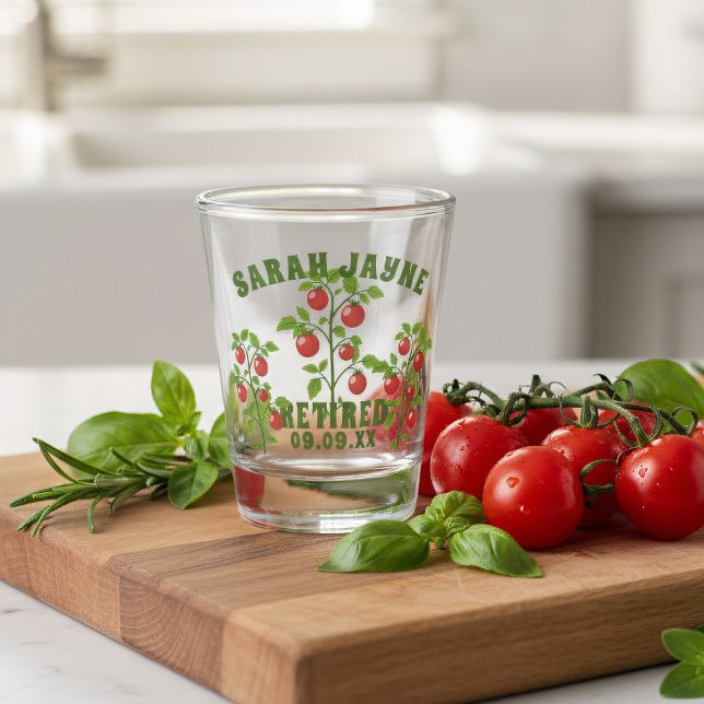 Retired Tomato Plant Personalized Shot Glass (A tomato themed shot glass perfect gift for gardeners. Add your text!)