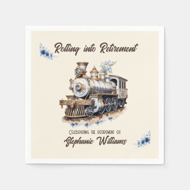 Retired Travel Theme Rolling into Retirement Train Napkin (Front)
