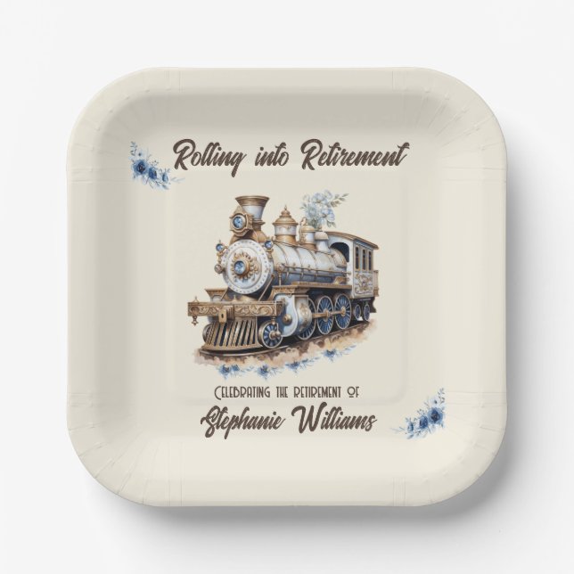Retired Travel Theme Rolling into Retirement Train Paper Plate (Front)