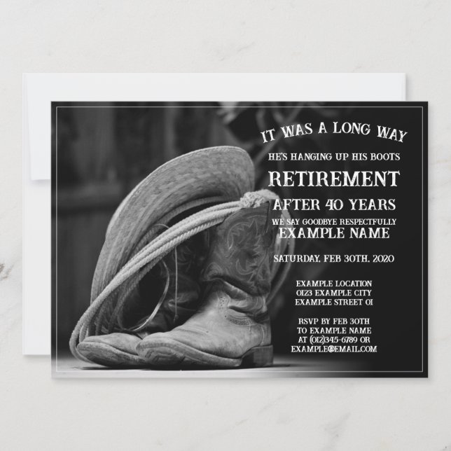 Retirement announcement with cowboy hat and boots (Front)