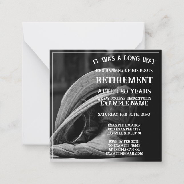 Retirement announcement with cowboy hat and boots (Front)