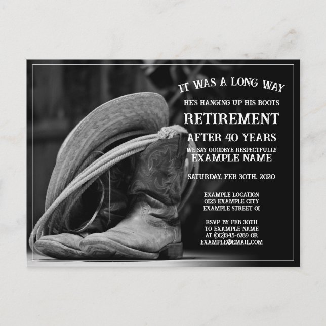 Retirement announcement with cowboy hat and boots (Front)