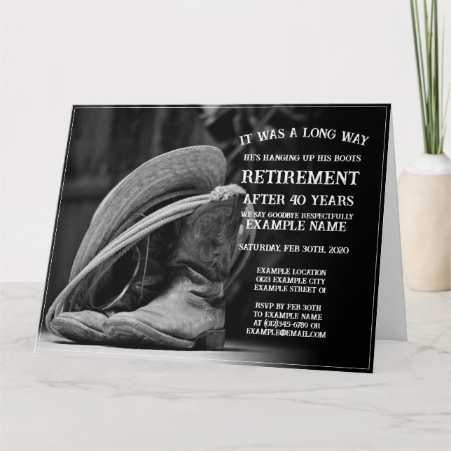 Retirement announcement with cowboy hat and boots (Front)