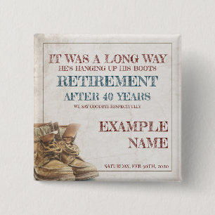 Retirement announcement with old spurs 2 inch square button