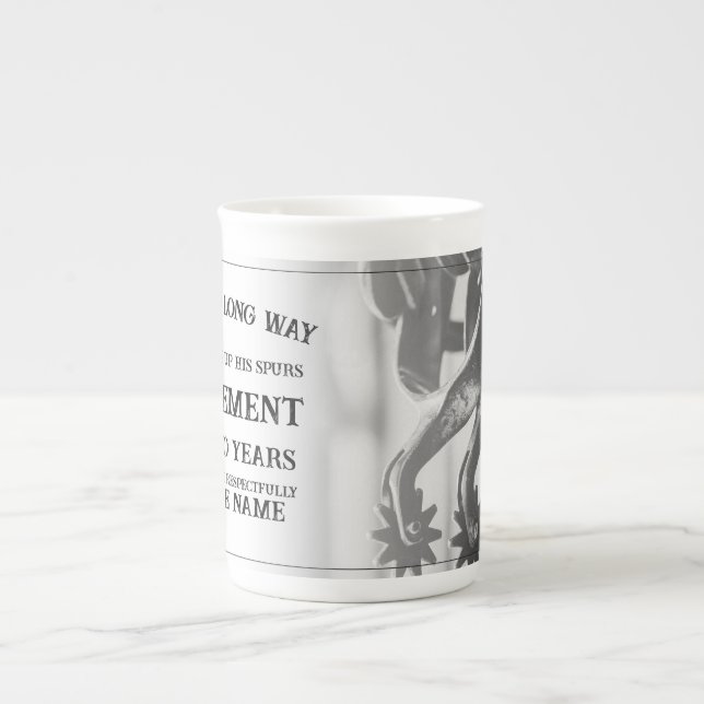 Retirement announcement with old spurs bone china mug (Front)