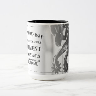 Retirement announcement with old spurs Two-Tone coffee mug