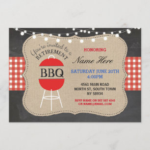 Retirement BBQ Check Chalk Burlap Red Invitation