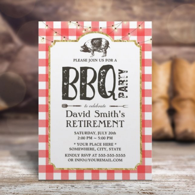 Retirement BBQ Party String Lights Red Plaid Invitation (Creator Uploaded)