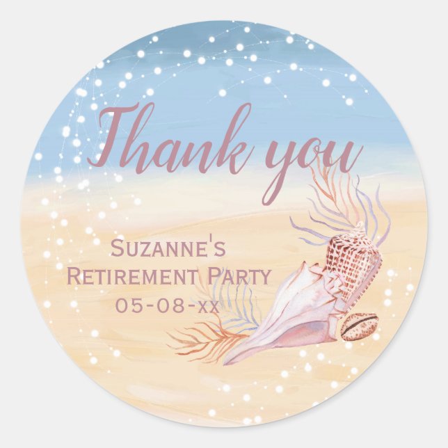 Retirement Beach Coastal Party Thank You Classic Round Sticker (Front)