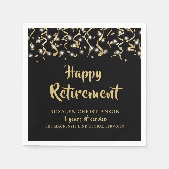 Retirement Black Gold Confetti Streamers Napkin (Front)