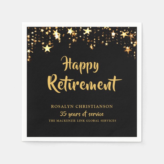 Retirement Black Gold Stars Years of Service Name Napkin (Front)