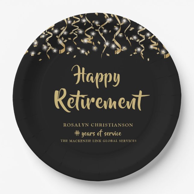 Retirement Black Gold Streamers Years of Service Paper Plate (Front)