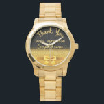 Retirement black gold thank you company corporate watch<br><div class="desc">Elegant,  classic,  glamourous and feminine. A gift for a retired female co-worker.  A faux gold coloured bow and ribbon with golden glitter and sparkle,  a bit of bling and luxury. Black background. With the text: Thank You,  templates for a name and company name.</div>