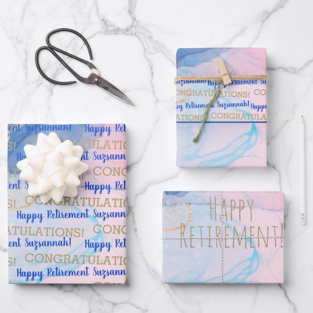 Retirement Blue Gold Geode Watercolor Custom Wrapping Paper Sheet (Front)