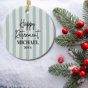 Retirement Blue Ivory Stripes Watercolor Custom Ceramic Ornament