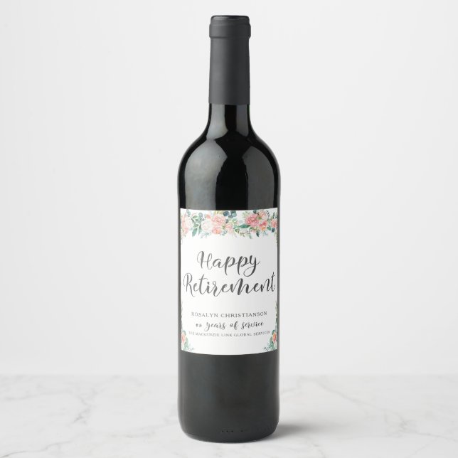 Retirement Blush Pink Floral Years of Service Wine Label (Front)