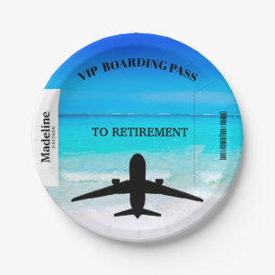 Retirement Boarding Pass Destination Beach Scene Paper Plate