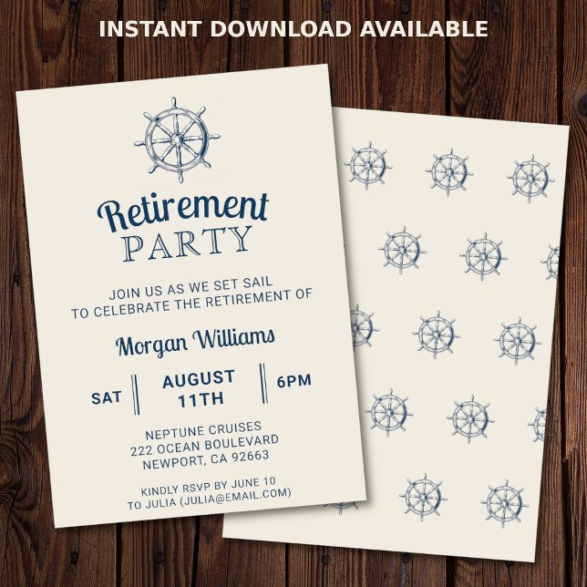 Retirement Boat Party Ship's Wheel Nautical Invitation (Elegant nautical retirement boat party invitation)