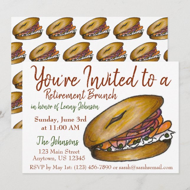 Retirement Breakfast Brunch Bagel Lox Capers Onion Invitation (Front/Back)
