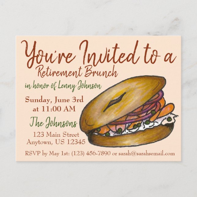 Retirement Breakfast Brunch Bagel Lox Capers Onion Invitation Postcard (Front)