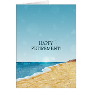 Retirement card with beach, sea and blue sky