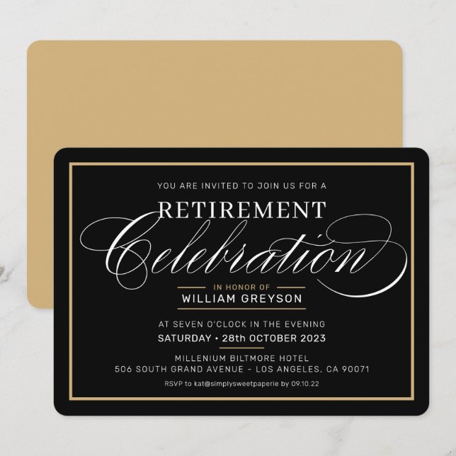 RETIREMENT CELEBRATION DINNER modern black gold Invitation (Front/Back)