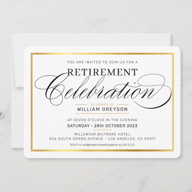 RETIREMENT CELEBRATION DINNER modern gold black Invitation (Front)