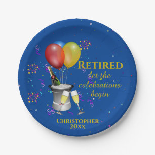 Retirement Celebration Sparkling Wine Blue  Paper Plate