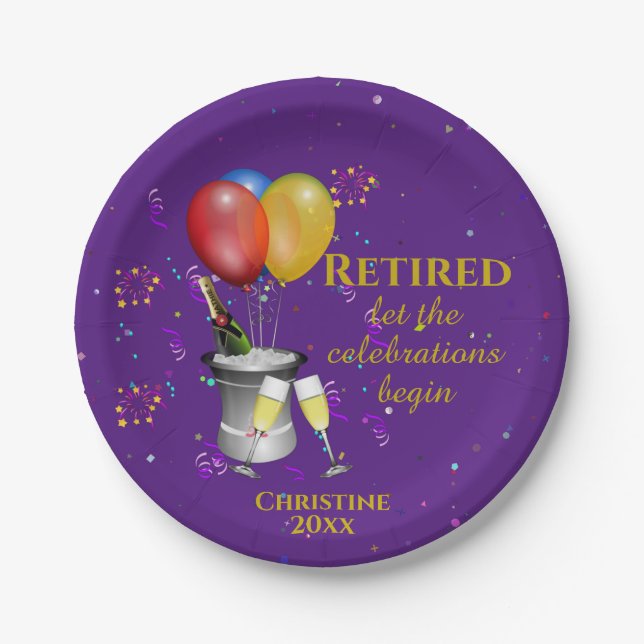 Retirement Celebration Sparkling Wine Purple Paper Plate (Front)