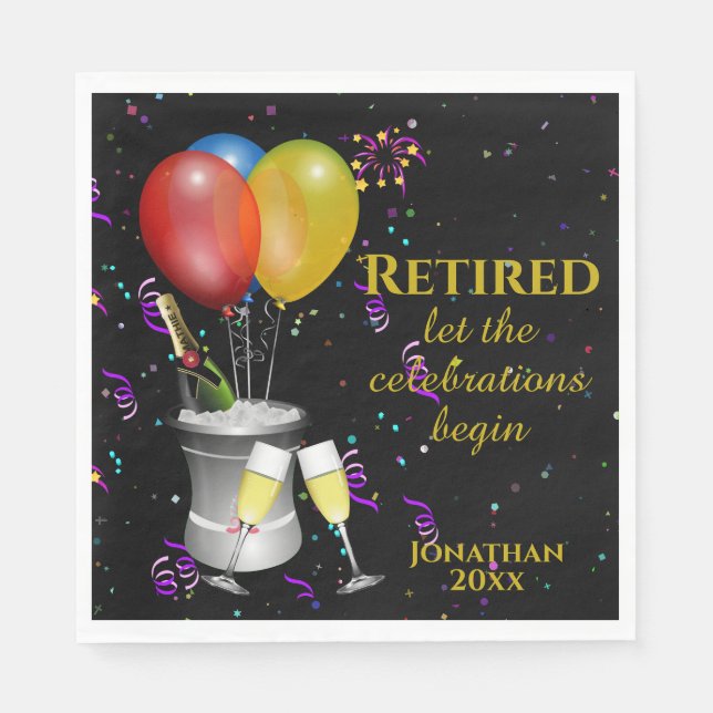 Retirement Champagne Celebration Black Paper Napkin (Front)