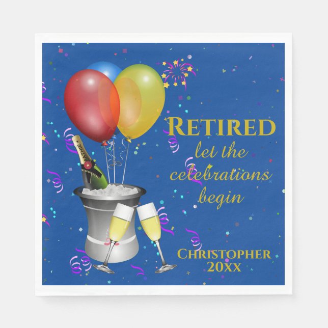 Retirement Champagne Celebration Blue Paper Napkin (Front)