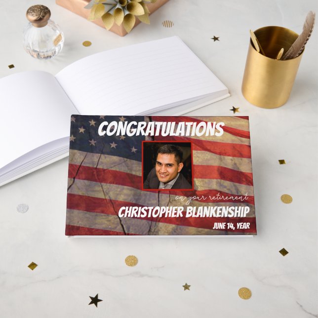 Retirement Congratulations American Flag Custom  Guest Book (Front Open)