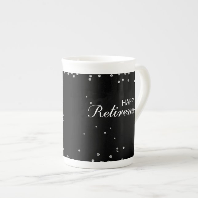 Retirement Congratulations Black with Silver Spark Bone China Mug (Front Right)