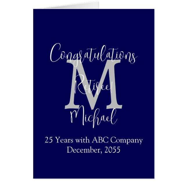 Retirement Congratulations, Blue, Grey Monogram (Front)