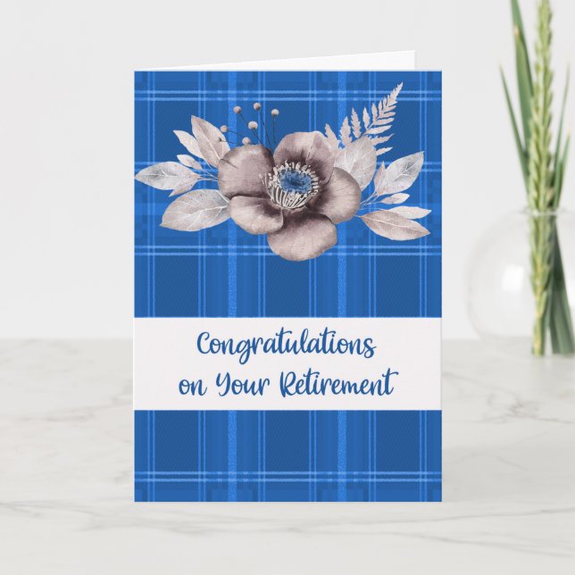Retirement Congratulations Blue Plaid  & Flowers Card (Front)