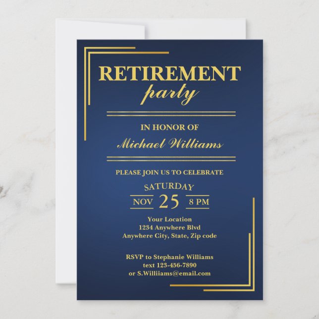 Retirement Corporate Elegant Blue Gold Invitation (Front)