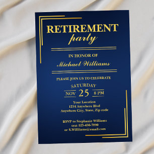 Retirement Corporate Elegant Blue Gold Invitation